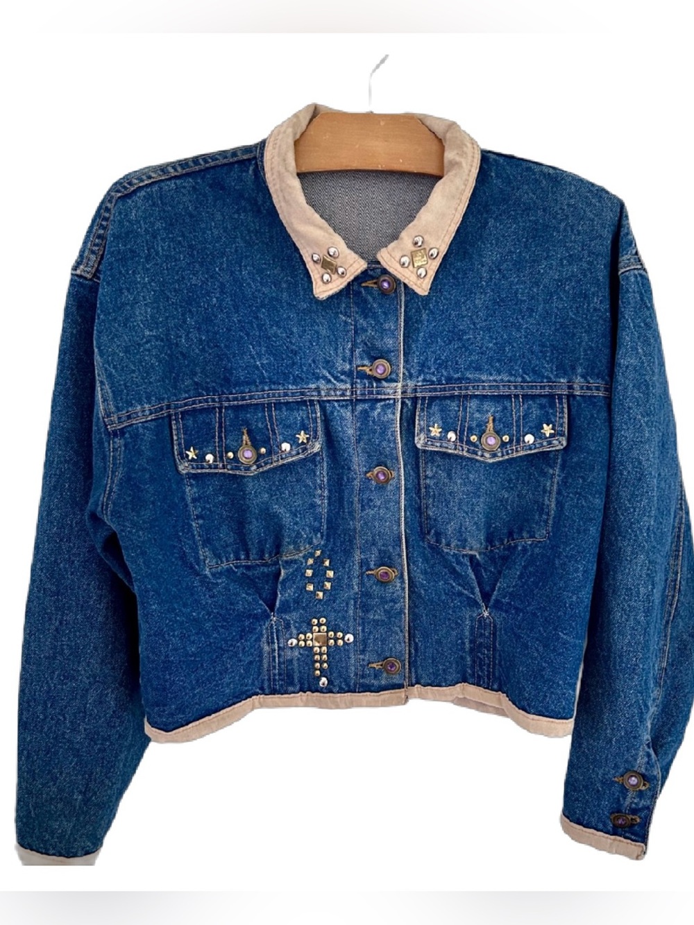 Vintage NILS Studded Denim Jacket Suede Collar Cropped Western Y2K